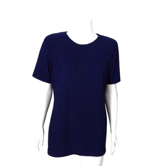 Flora Dark Blue Textured Short Sleeve Shirt Pullover Top Size Med Women Vintage - Picture 1 of 10